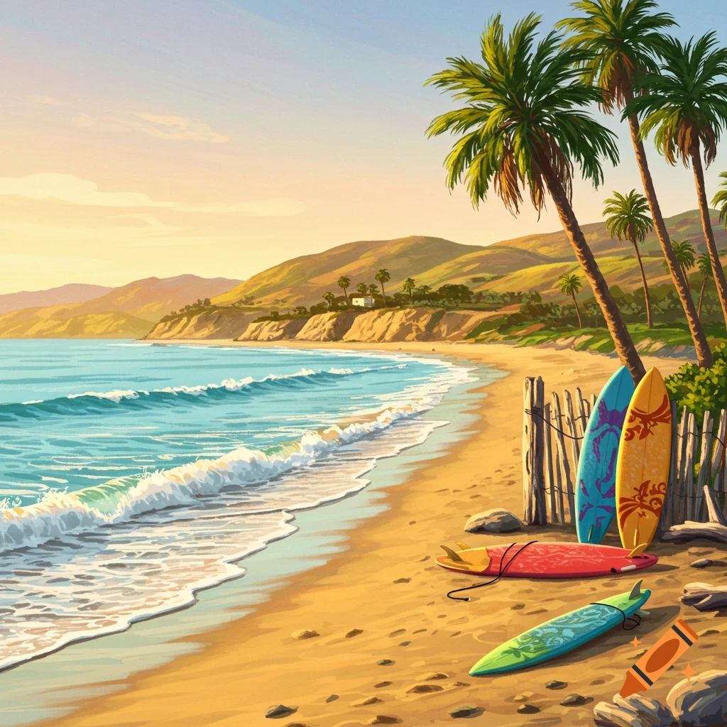 Vibrant illustration of a sunny tropical beach with palm trees, rolling waves, and colorful surfboards on the sand.