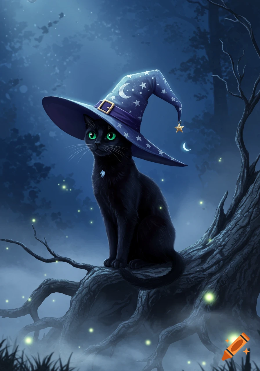 A black cat in a blue witch's hat with stars and a crescent moon sits on a gnarled branch in a mystical, moonlit forest with fireflies. Digital art.