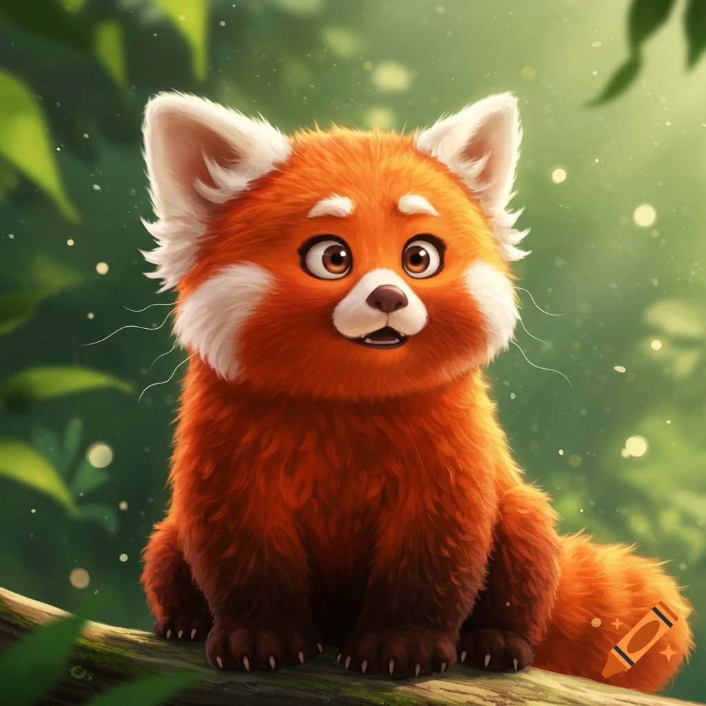 Cute, fluffy orange and white red panda with large eyes sits on a tree branch in a blurry forest, Pixar animation style.