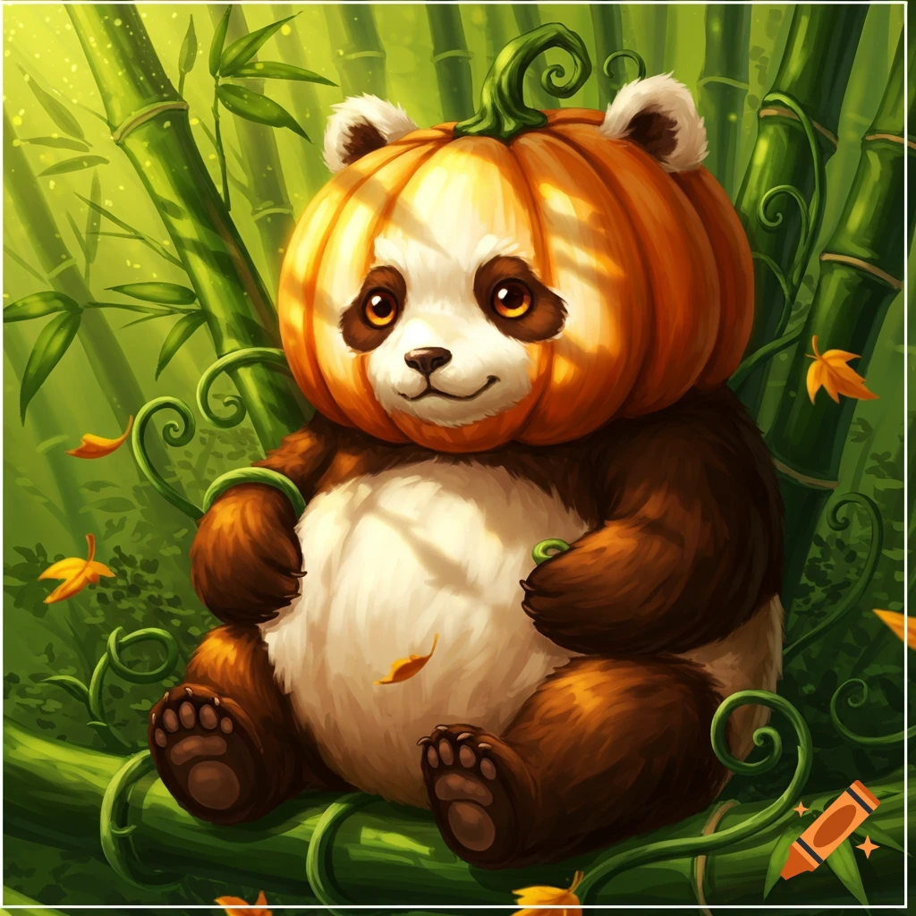 Cartoonish panda with a pumpkin head sits among green bamboo stalks, with autumn leaves falling around it.