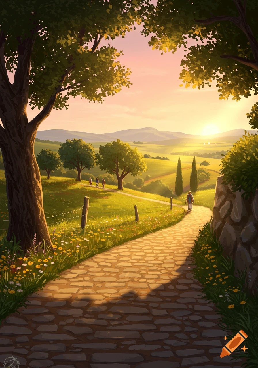 Stylized illustration of a winding cobblestone path through a vibrant green landscape with trees and wildflowers at golden hour, with people walking along it.