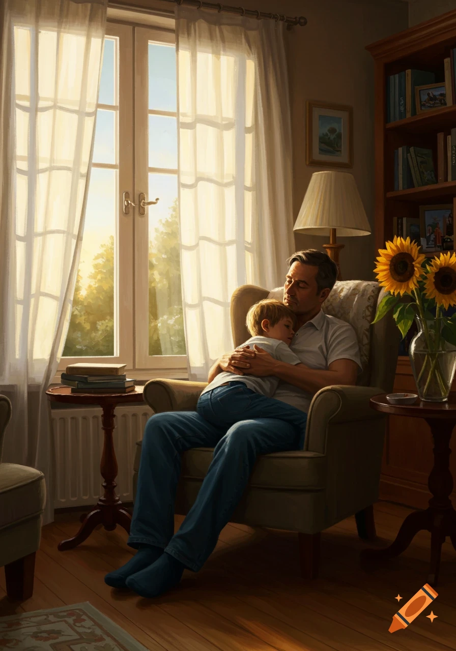 A father and child sleep embraced in an armchair in a warm, sunlit room with a window, bookshelves, and sunflowers.