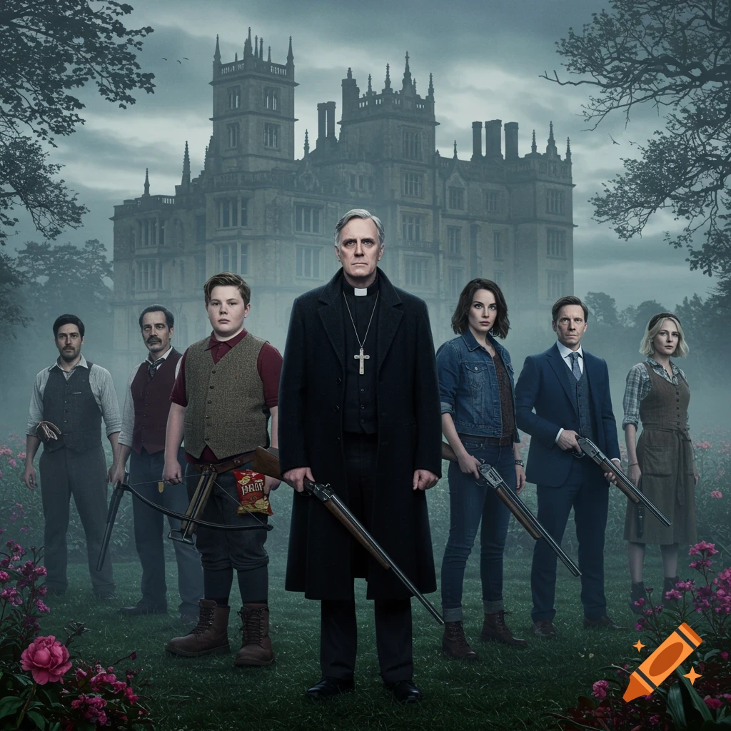 A group of seven people, some holding weapons, stand in a misty field in front of a large gothic manor, like a dramatic movie poster.