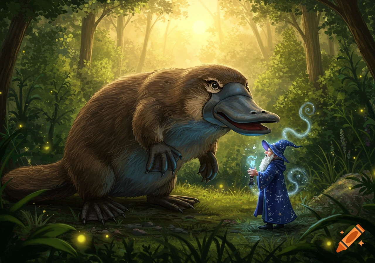 A giant platypus stares at a wizard casting a blue spell in an enchanted forest, fantasy illustration.
