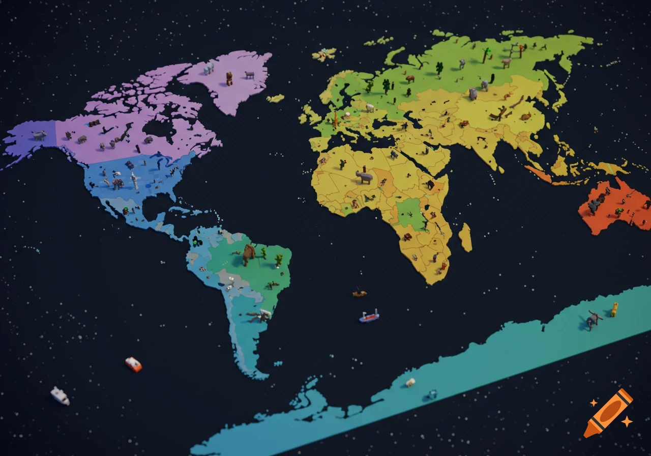 A colorful, pixelated world map featuring tiny animals, vehicles, and objects scattered across continents, set against a dark, starry background.