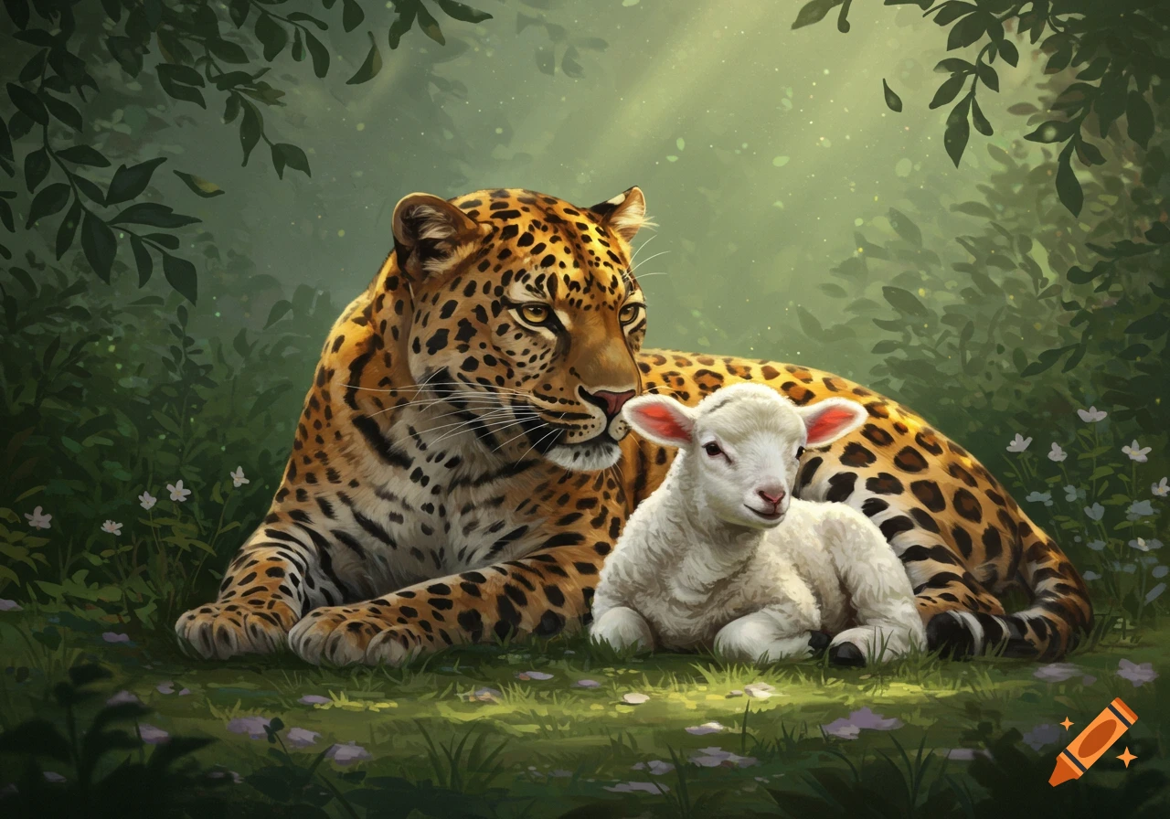 A majestic leopard and a gentle lamb lie peacefully together in a lush, green forest, in a painted style.