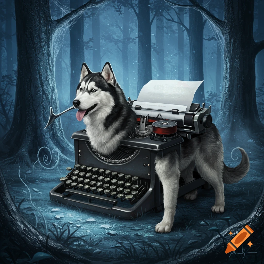 A detailed illustration of a husky dog with a typewriter body in a dark, blue-toned forest.