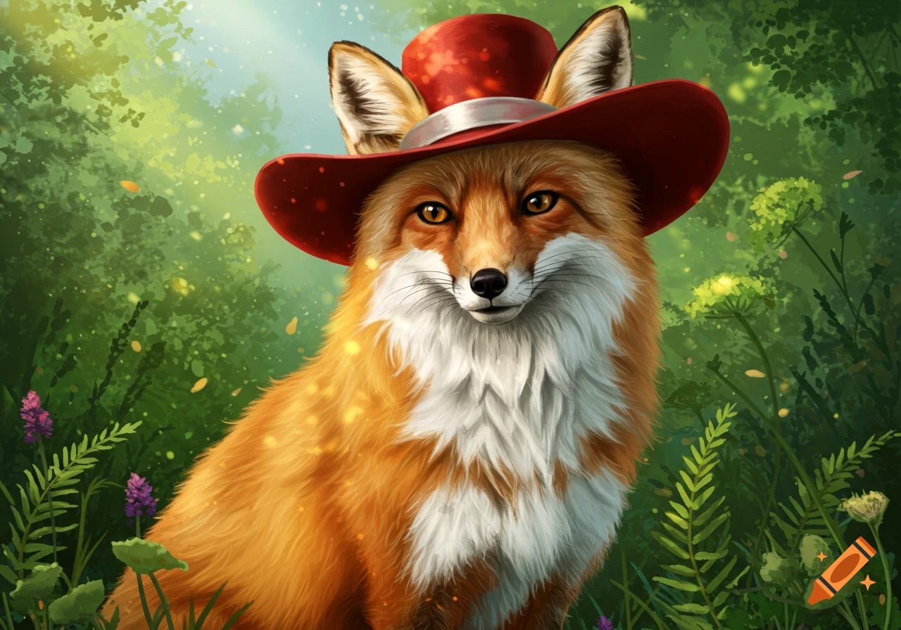 A majestic, cute fox wearing a red hat in a lush green forest, digital art style.