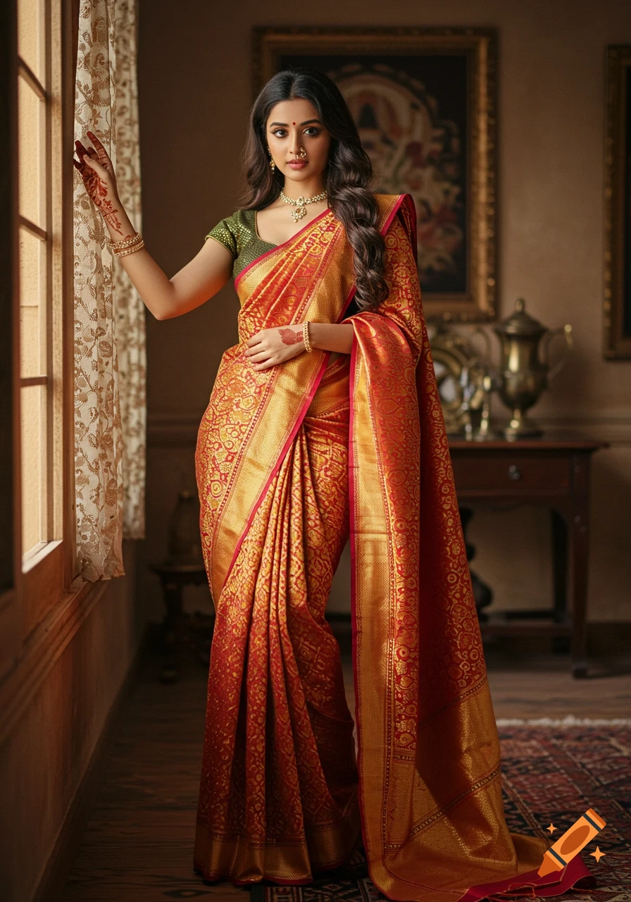 An Indian woman in a red and gold saree with mehndi hands stands by a window in a traditional room.