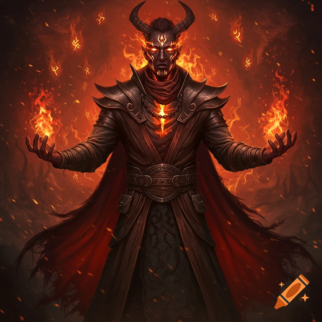 Horned dark sorcerer with fiery eyes and hands, wearing leather robes, stands in a smoldering, red-orange inferno.