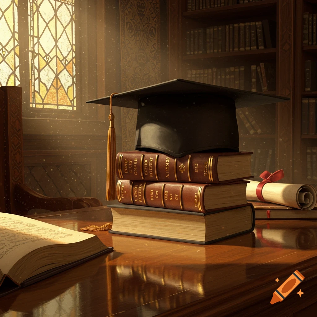 A graduation cap rests on a stack of old books and a diploma on a wooden desk in a sunlit library.