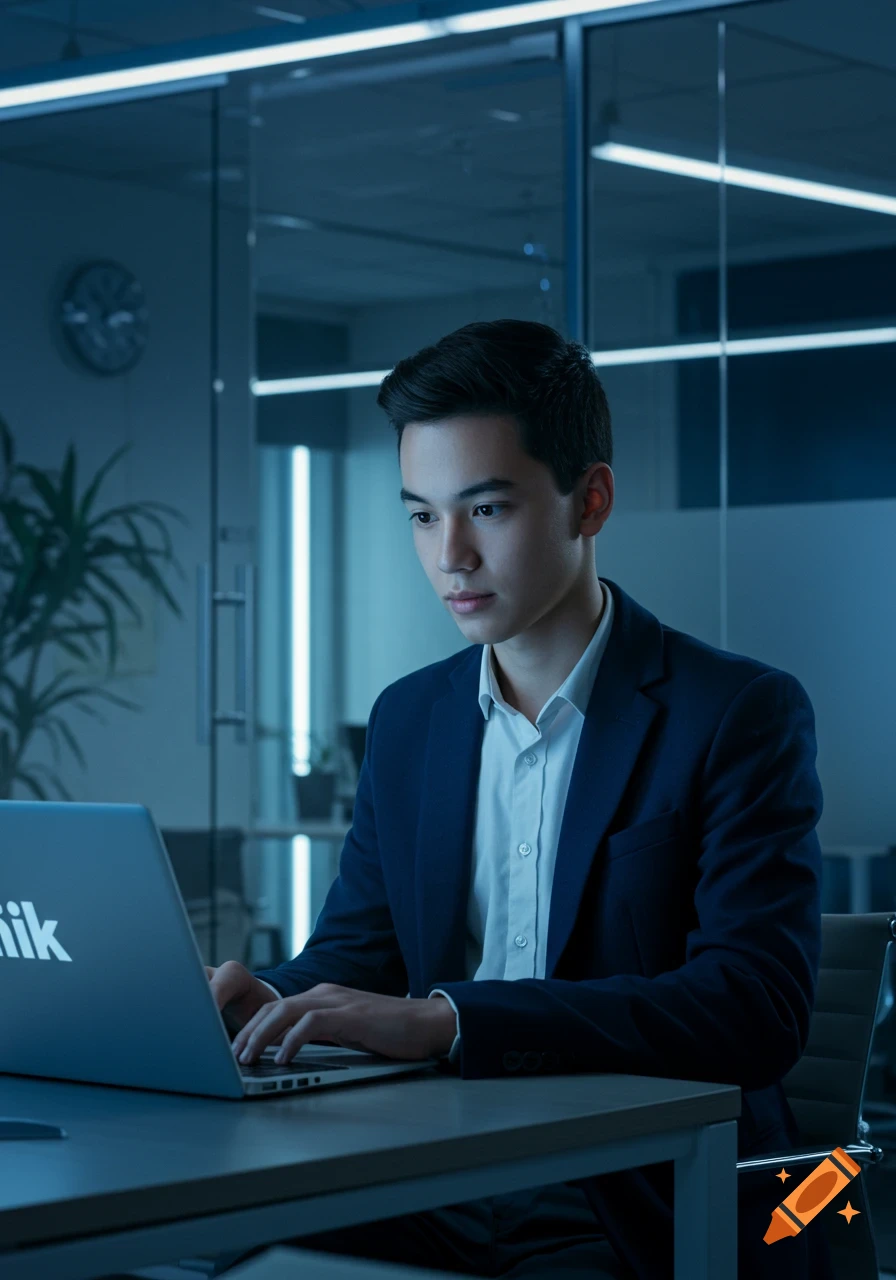 A young man in a suit jacket intently types on a silver laptop in a modern, dimly lit office.