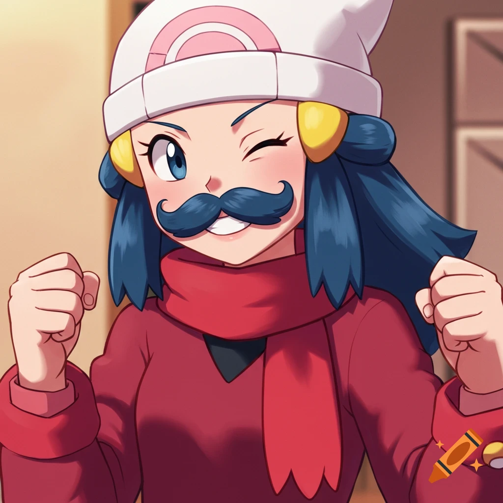 Dawn from Pok 00e9mon winks and smiles with a fake blue mustache, wearing a red scarf and sweater, flexing her fists in an anime style.