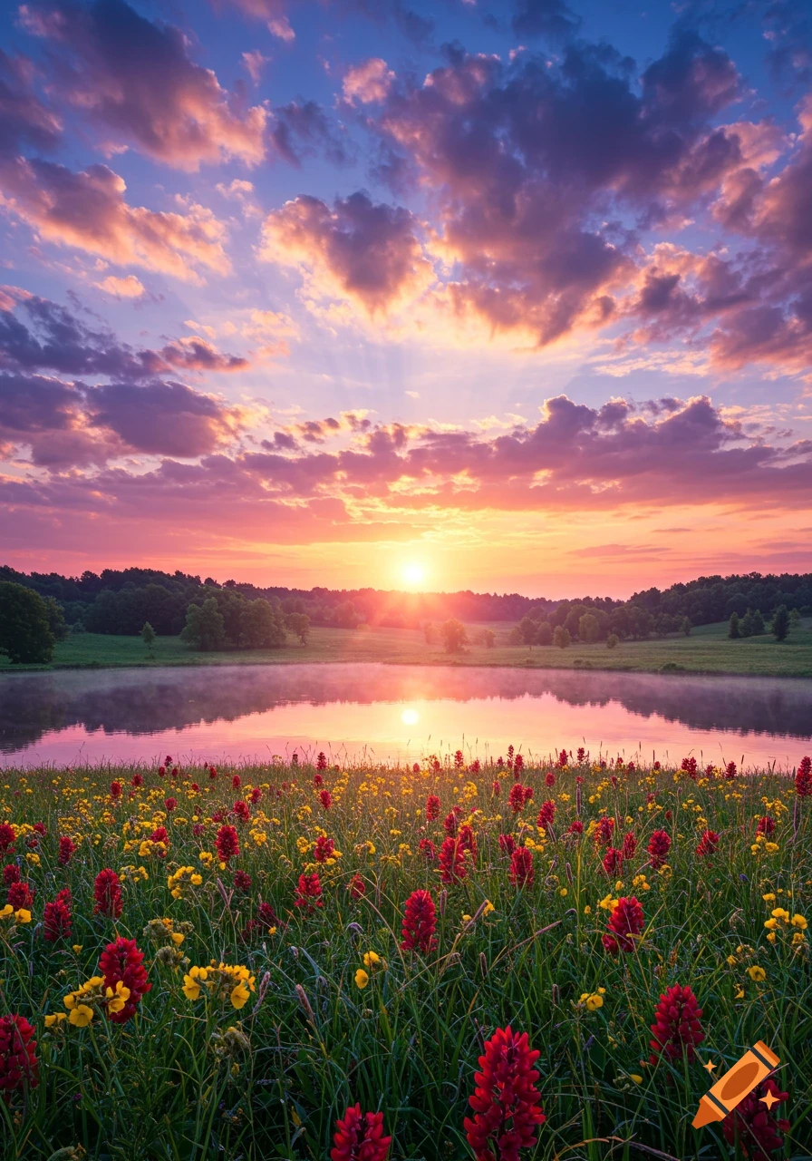 Vibrant sunset with pink and purple clouds reflecting over a calm lake, a field of red and yellow wildflowers in the foreground.