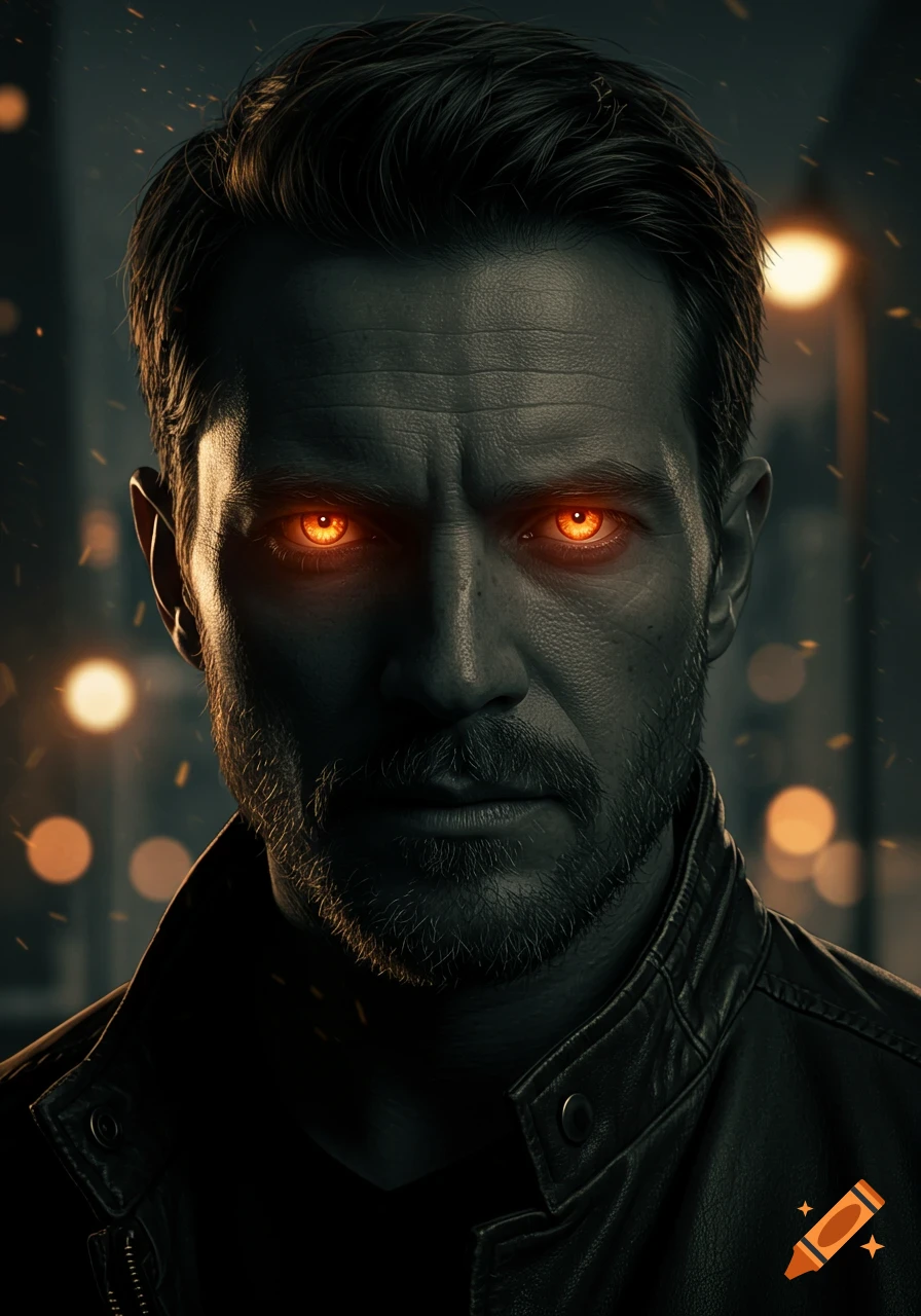 A photorealistic portrait of a serious man with glowing orange eyes and a beard, wearing a leather jacket, in a dark setting with blurry city lights.