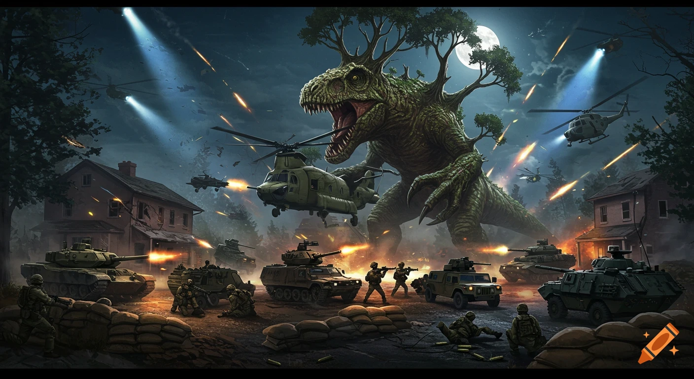Military battle against a giant tree-dinosaur monster in a dark suburban night, with tanks, helicopters, and soldiers firing.