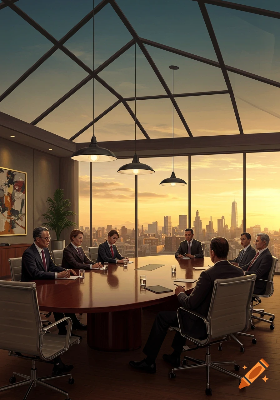 Photorealistic image of an advisory board meeting in a modern conference room with large windows overlooking a city skyline at sunset.