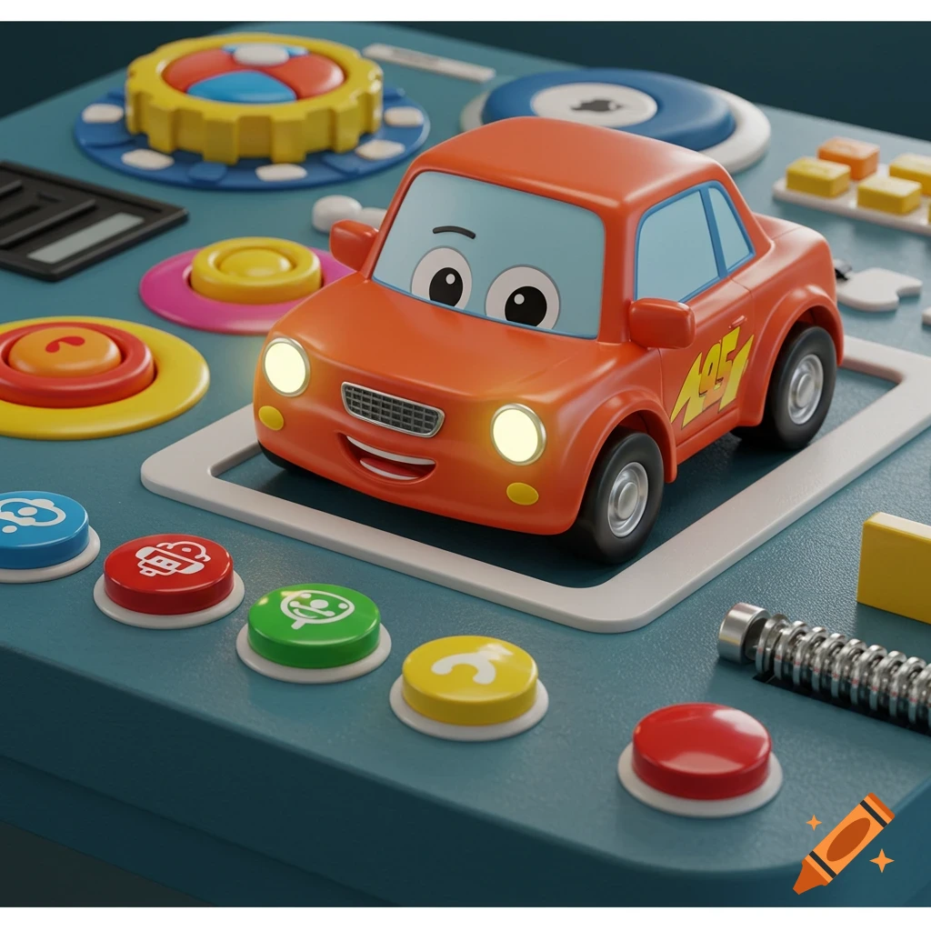 A vibrant orange cartoon car with big eyes and a smile on a blue fidget board with colorful buttons.