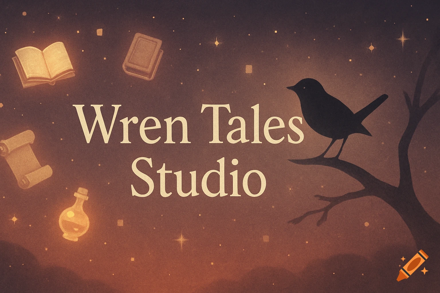 Whimsical illustration of 'Wren Tales Studio' with a wren silhouette on a branch, floating books, scrolls, and a potion.