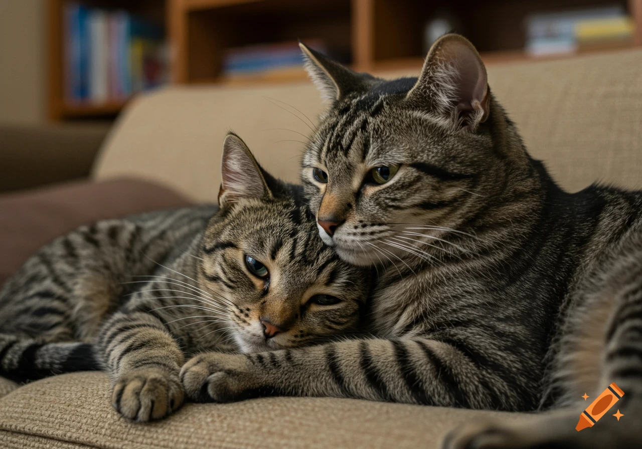 Two tabby cats cuddle closely on a beige sofa in a cozy, photorealistic shot.
