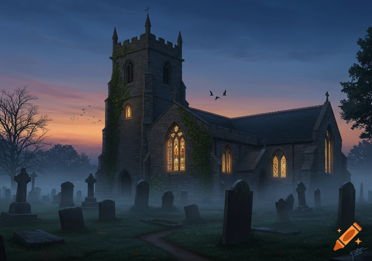 A gothic stone church with illuminated stained-glass windows stands in a misty graveyard at dusk, under a dramatic sunset sky.