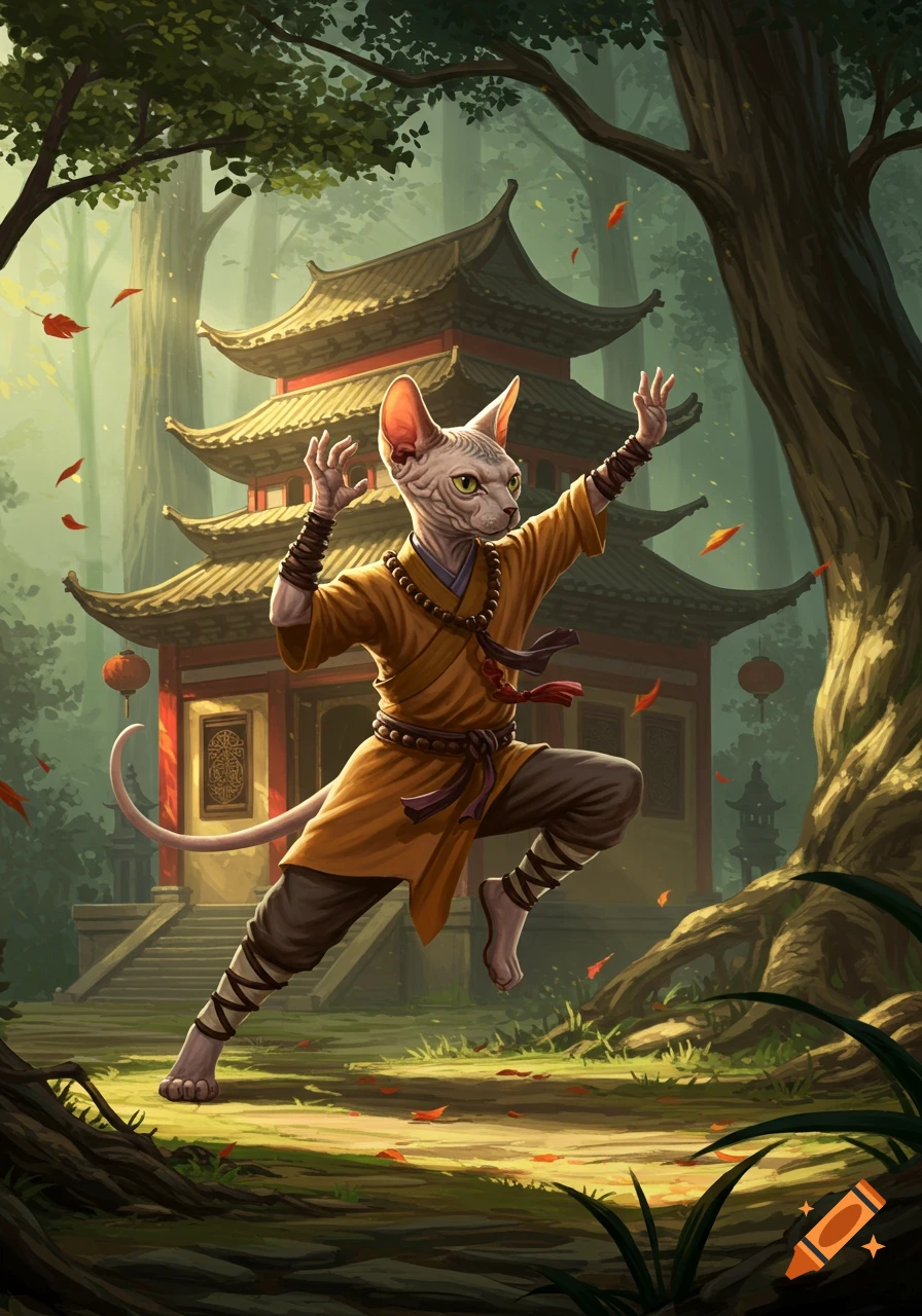 Illustrated Sphynx cat monk in a dynamic kung fu pose in front of a traditional Shaolin temple in a lush forest.