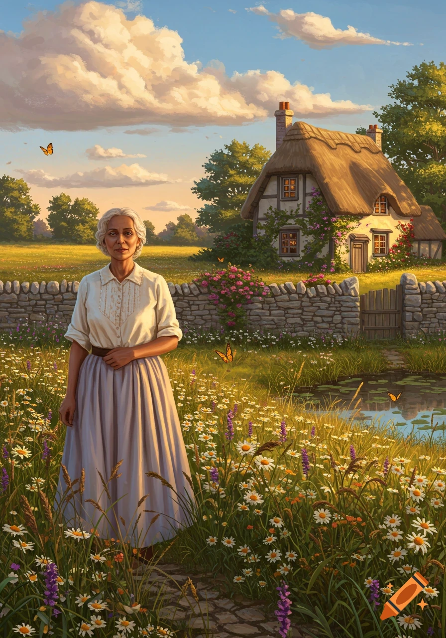 A serene painting of an older woman with gray hair standing in a field of wildflowers next to a stone wall and a thatched-roof cottage.
