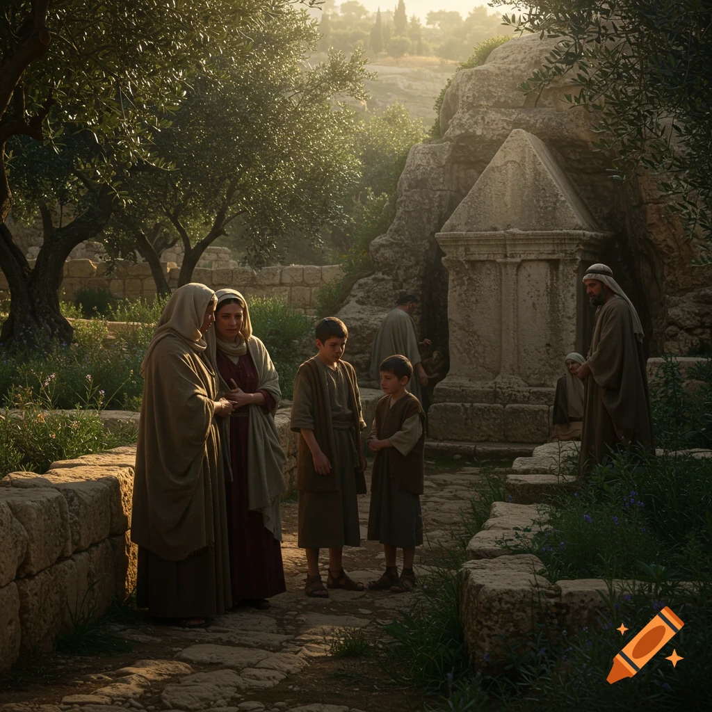A group of people in ancient robes gather in a sun-dappled olive garden near a rock grave, likely depicting a biblical scene.