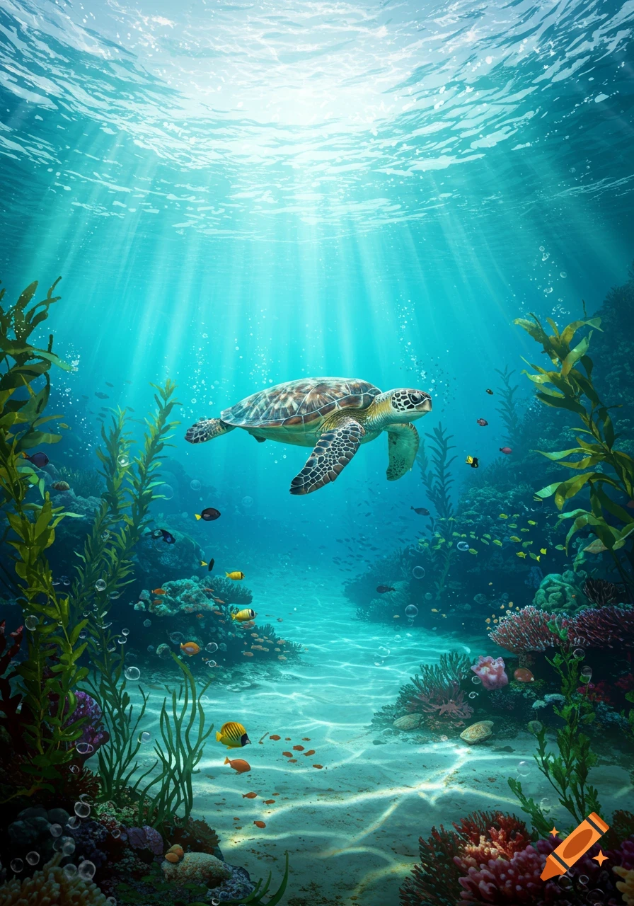 A sea turtle swims gracefully through a vibrant, sunlit coral reef with colorful fish and marine plants.