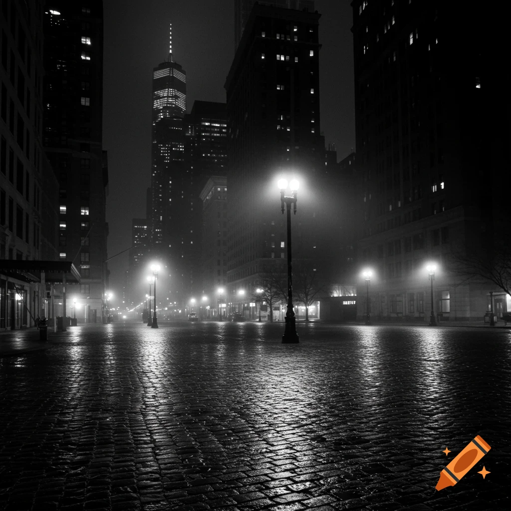 Black and white photo of a foggy city street at night, with streetlights reflecting on wet cobblestones and tall buildings in the background.