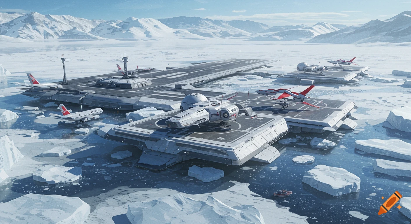 A futuristic arctic base with multiple aircraft and spaceships docked on platforms over icy water, surrounded by snow-capped mountains.