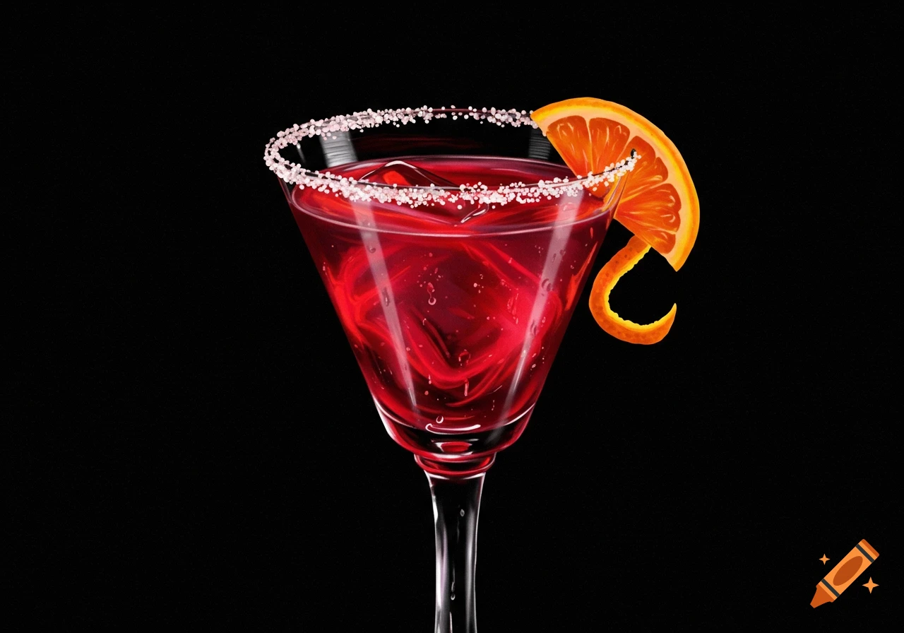 Red cocktail in a martini glass with a sugar rim and orange slice garnish on a black background.