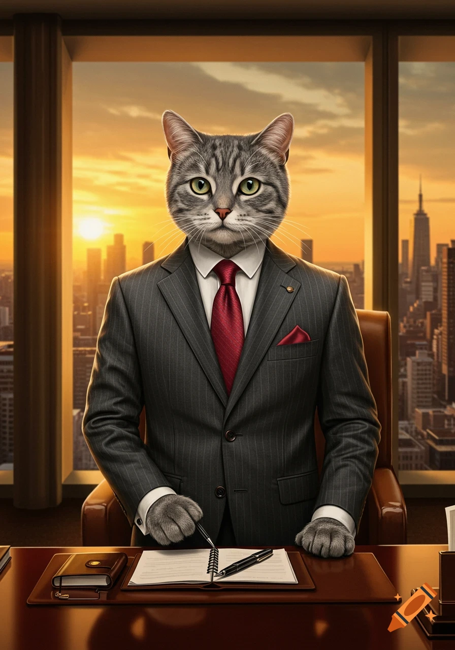 Photorealistic grey tabby cat in a pinstripe suit and red tie sits at an office desk, overlooking a city skyline at sunset.