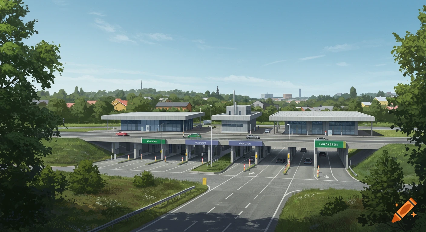 A modern toll station on a highway with cars, green trees, and distant city buildings under a clear blue sky.