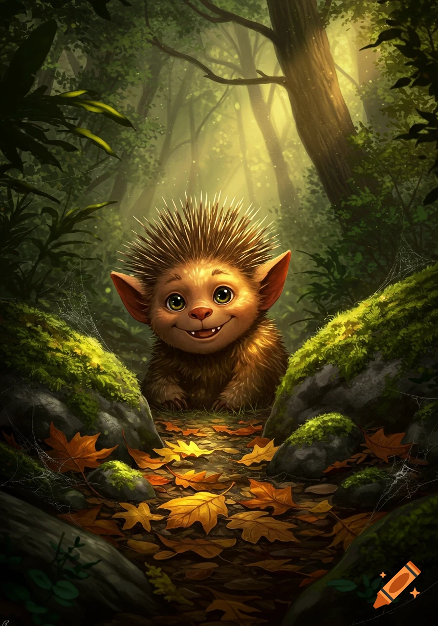 A cute, spiky, furry creature with big ears and a happy smile peeks out from mossy rocks in a sunlit forest, surrounded by autumn leaves.