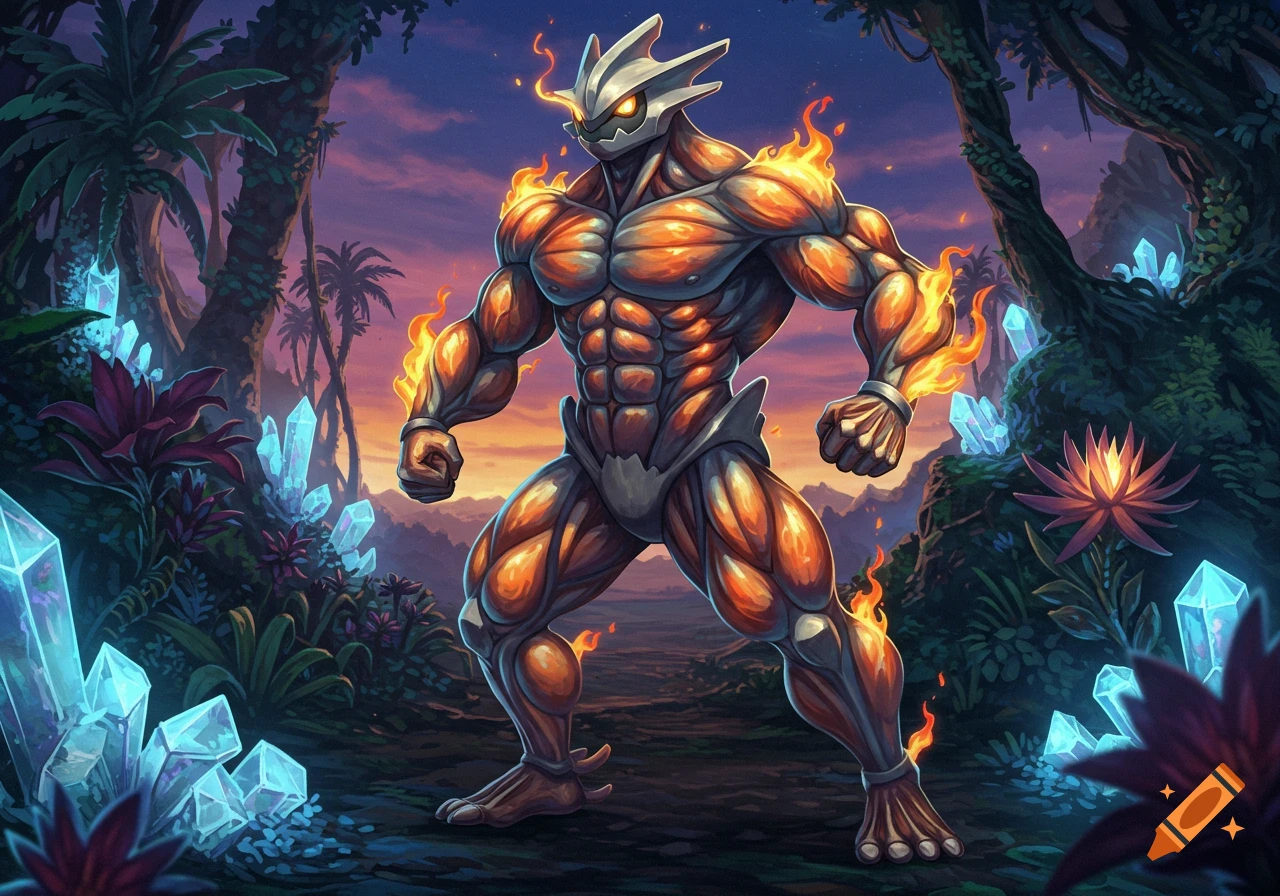 A muscular, flaming, rock-helmeted creature resembling a Pokemon stands in a crystal-filled jungle at sunset.