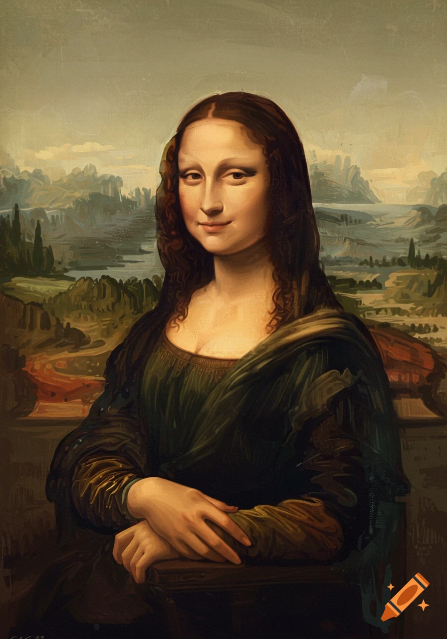 A painting of the Mona Lisa, a woman with a slight smile, dark hair, and a dark gown, against a hazy landscape.