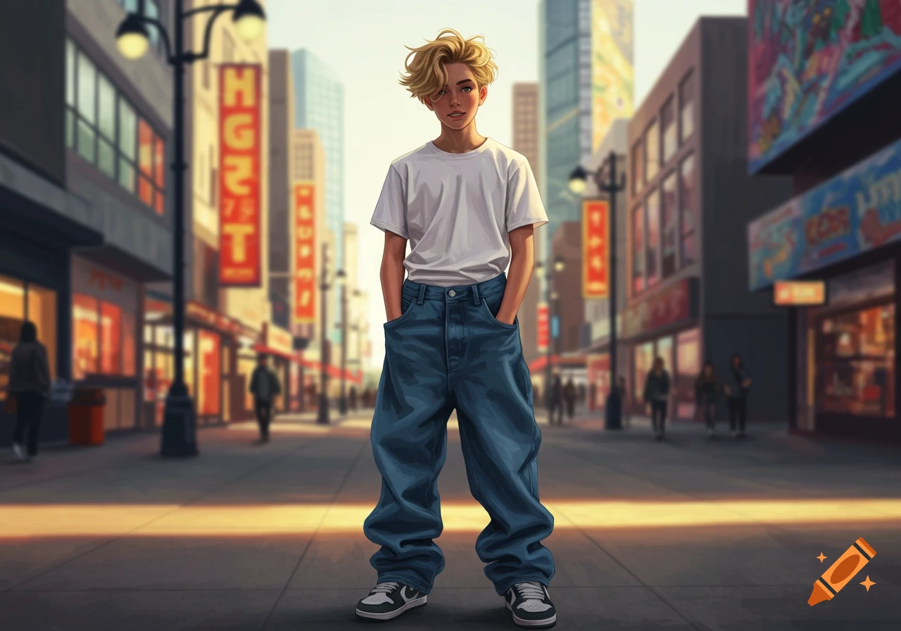 A stylized blonde teenage boy in baggy jeans and a white t-shirt stands confidently on a city street.