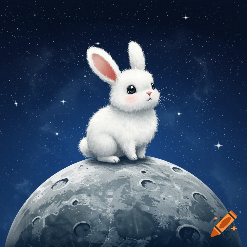 A cute, fluffy white bunny sits on the surface of the moon, looking up at a dark blue starry night sky.