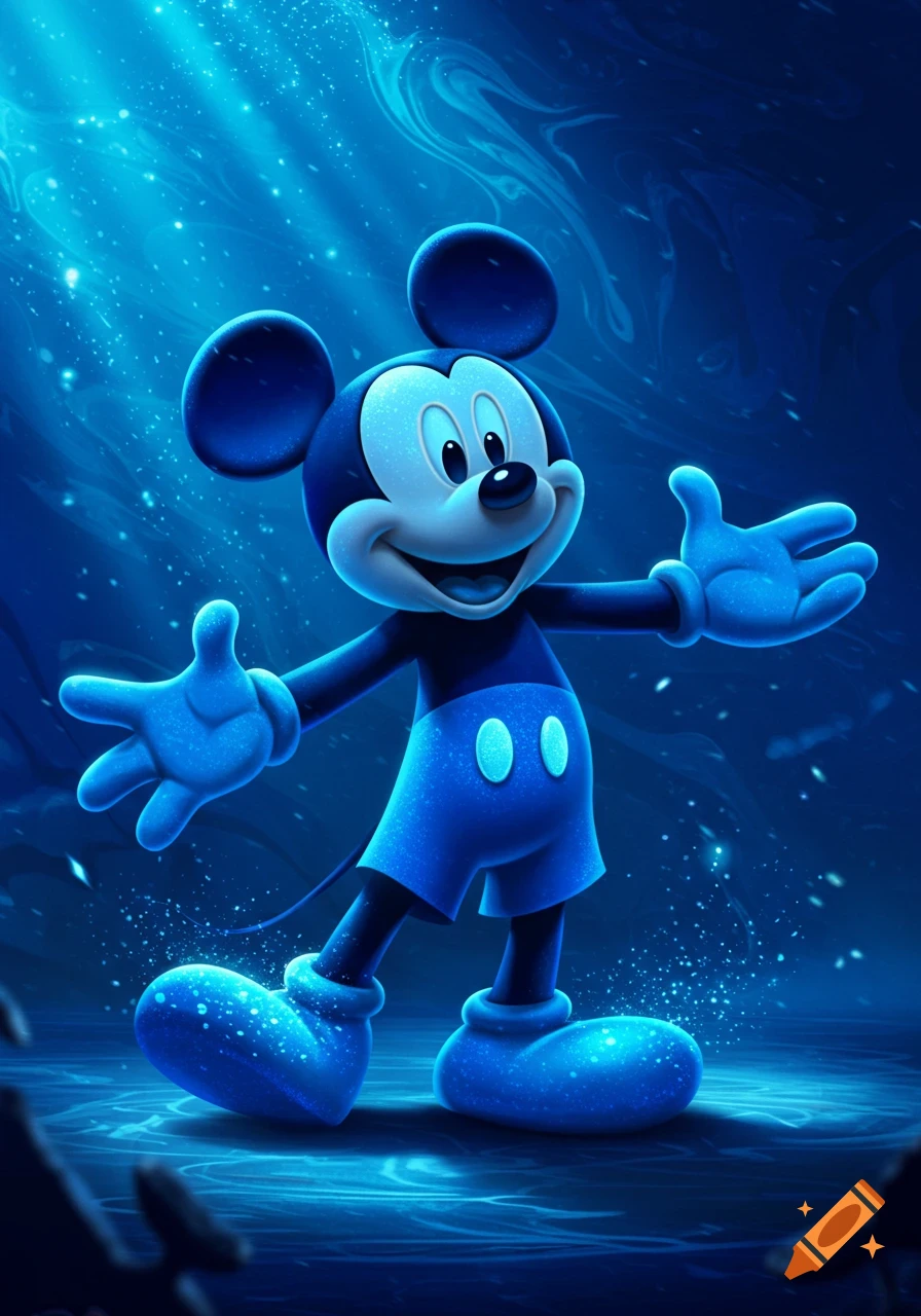 A bright blue, glittery Mickey Mouse stands smiling with arms open in a vibrant blue, starry, and liquid-like background.
