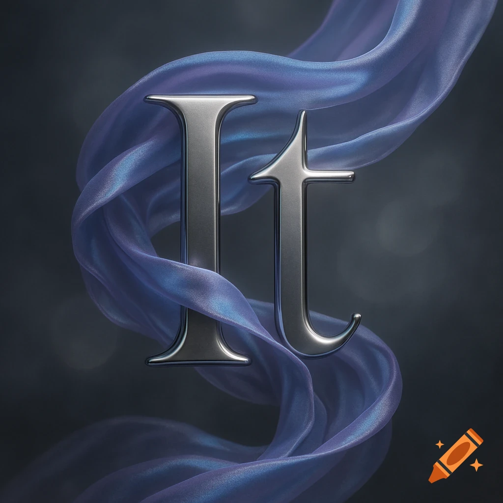 Silver metallic letters 'It' intertwined with flowing translucent blue fabric against a dark background.