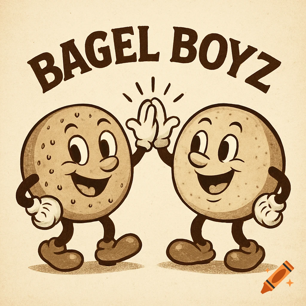 Two vintage cartoon bagels high-fiving under 'BAGEL BOYZ' text, in a sepia-toned style.