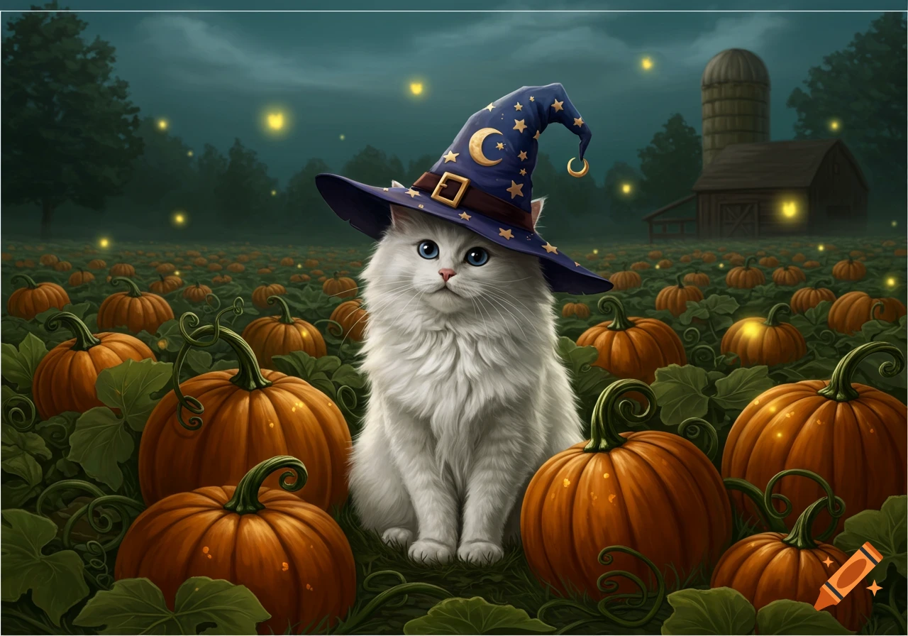 A fluffy white cat with blue eyes wears a blue witch's hat, sitting in a pumpkin patch at night with a distant barn and fireflies.