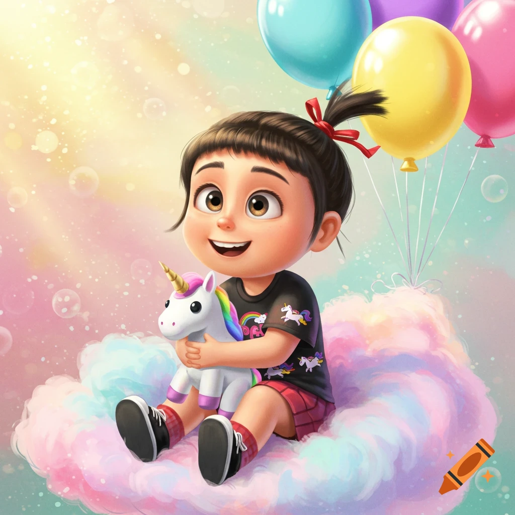 Cartoon girl Agnes Gru holding a unicorn plushie, sitting on a pink cloud with colorful balloons in a bright, dreamy setting.