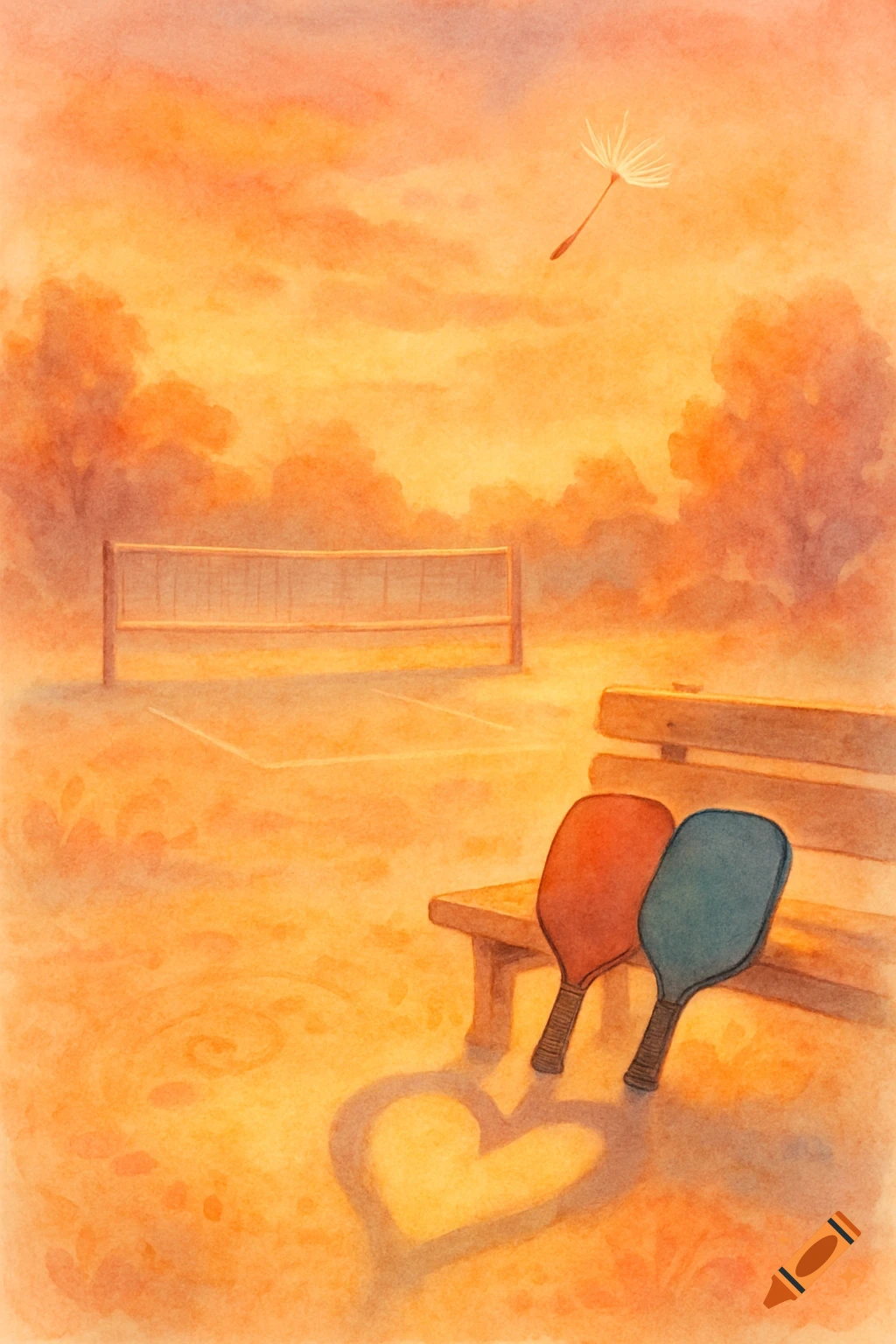 Watercolor painting of a sunset park scene with a pickleball net, a bench holding two paddles whose shadows form a heart, and a dandelion seed floating in the sky.