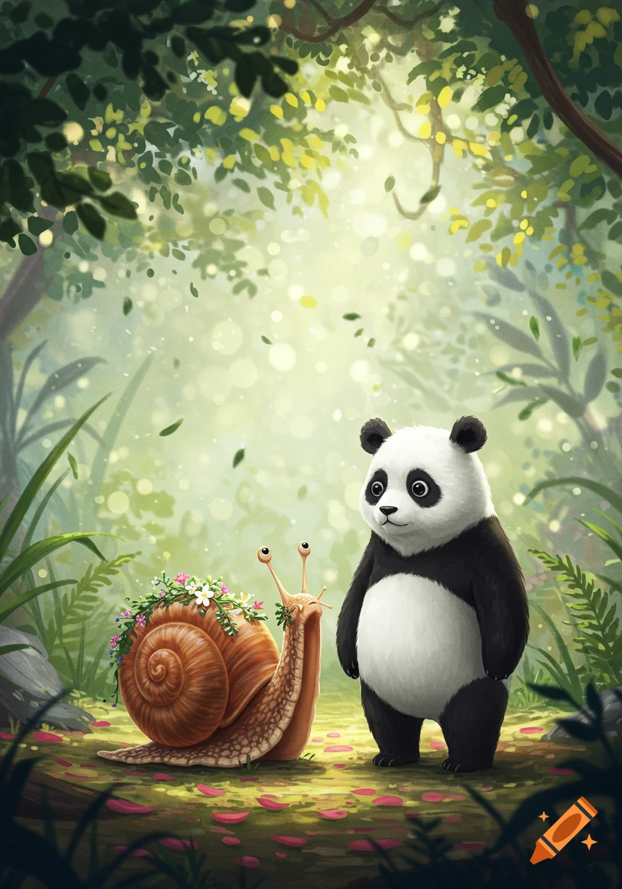 A cute panda stands beside a snail adorned with flowers in a lush, whimsical forest illustration.