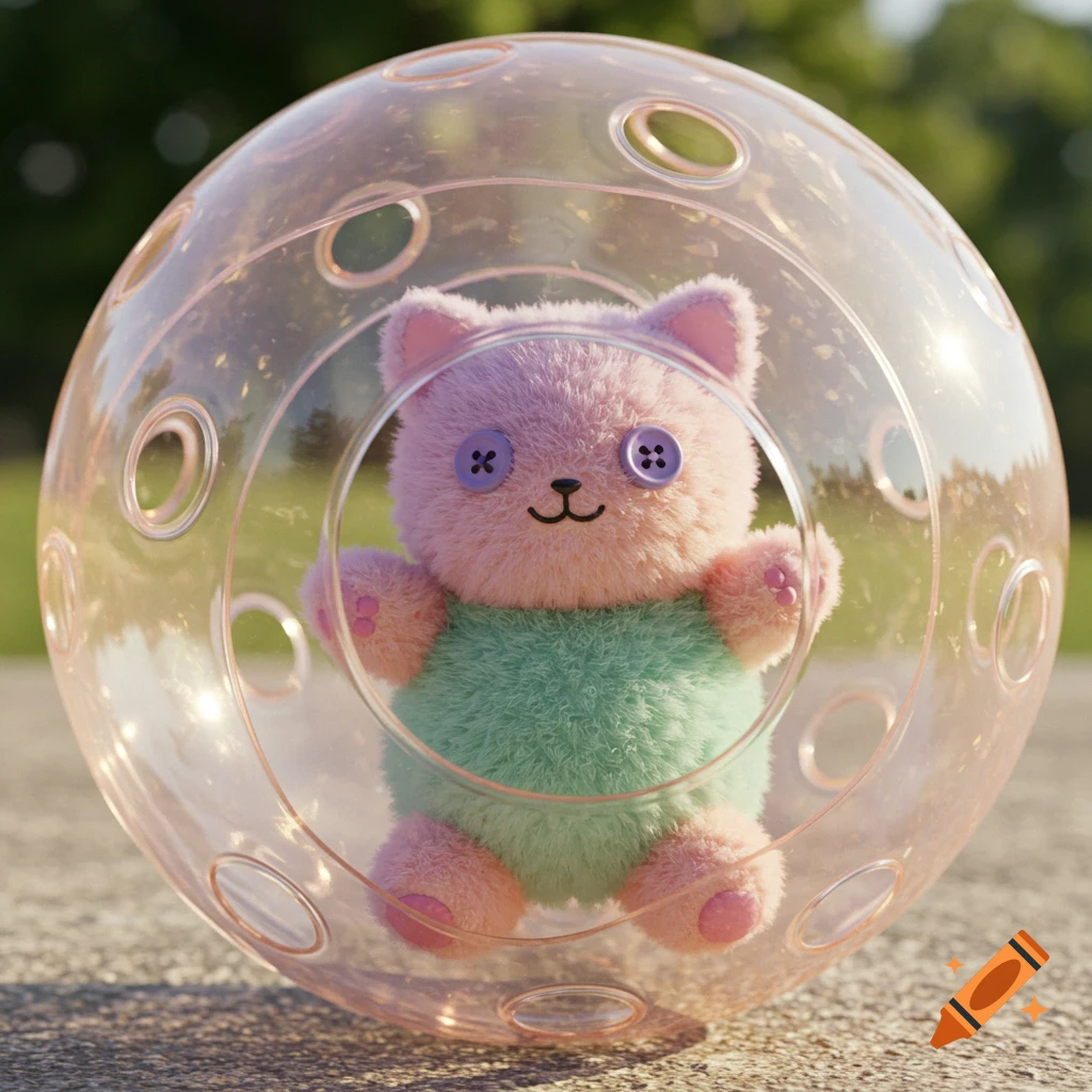 A pink and mint green plush cat toy with button eyes sits inside a clear, perforated plastic sphere on a paved surface.