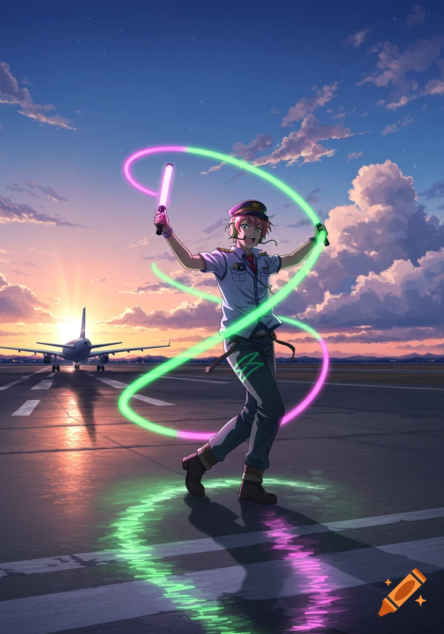 An anime aircraft marshaller with pink hair poses on a runway, waving glowing pink and green light sticks with an airplane and sunset sky behind him.