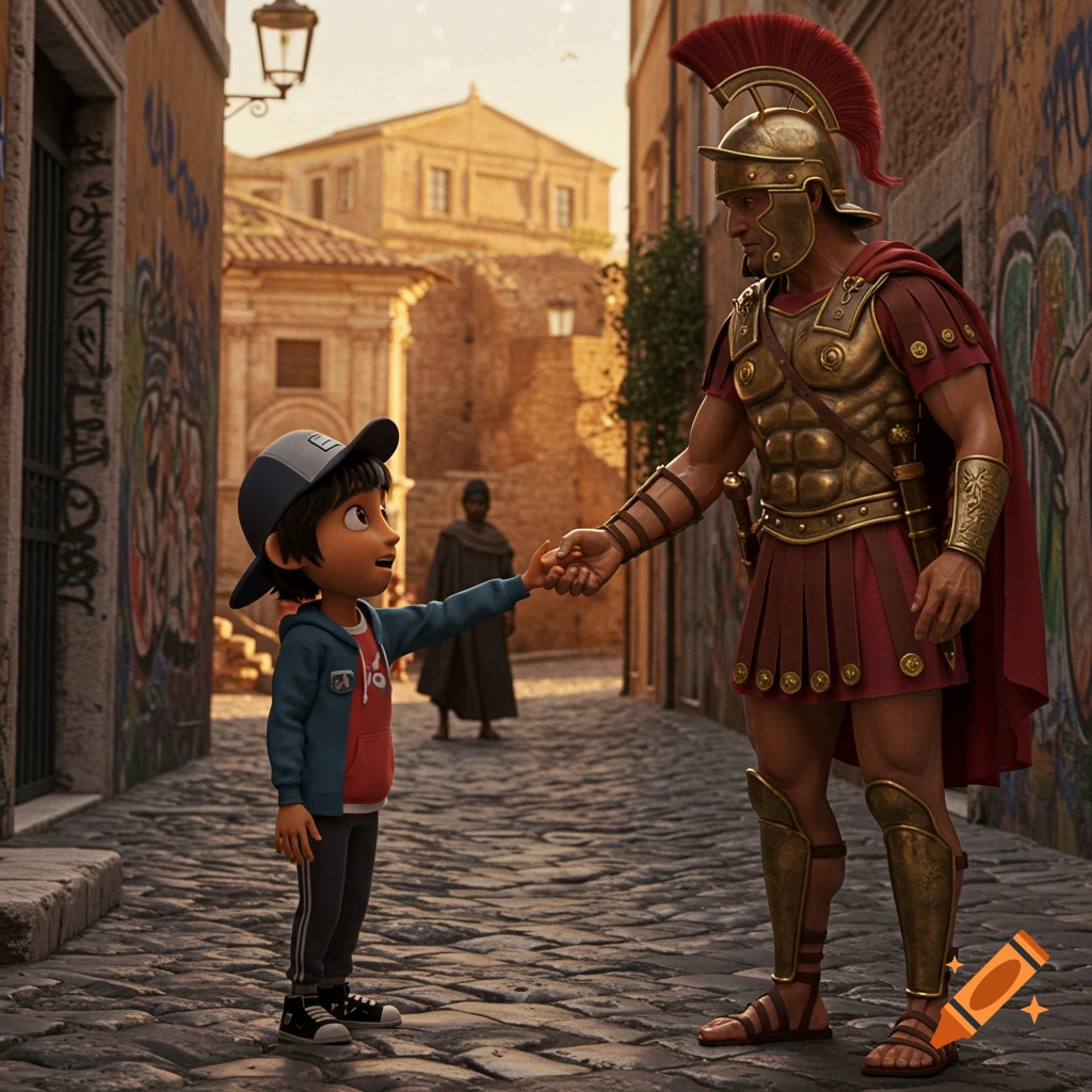 An animated boy in modern clothes shakes hands with a Roman soldier in full armor on a cobbled street with graffiti-covered buildings.