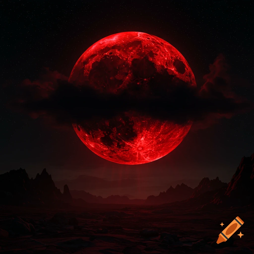 A massive, blood-red moon hangs in a dark, starry sky over a desolate, rocky, crimson landscape.